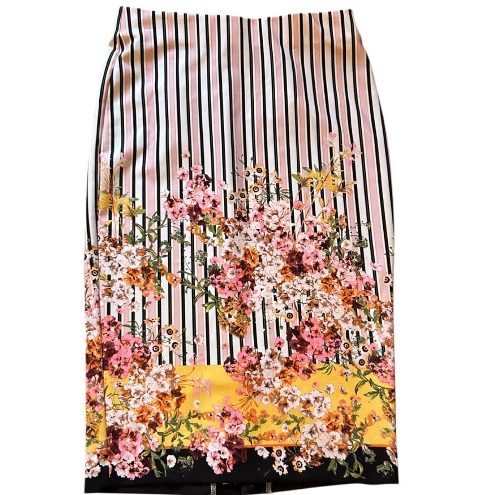 Beige by Eci Floral Pinstripe Preppy Multicolor Midi Pencil Skirt Size Medium